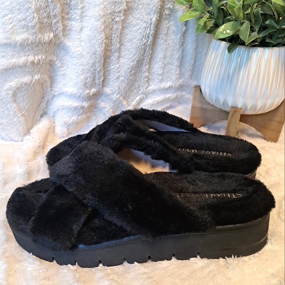 Stuart Weitzman Roza Lift Chill Slides Black Sandals Faux Fur Soft Womens Sz 7.5